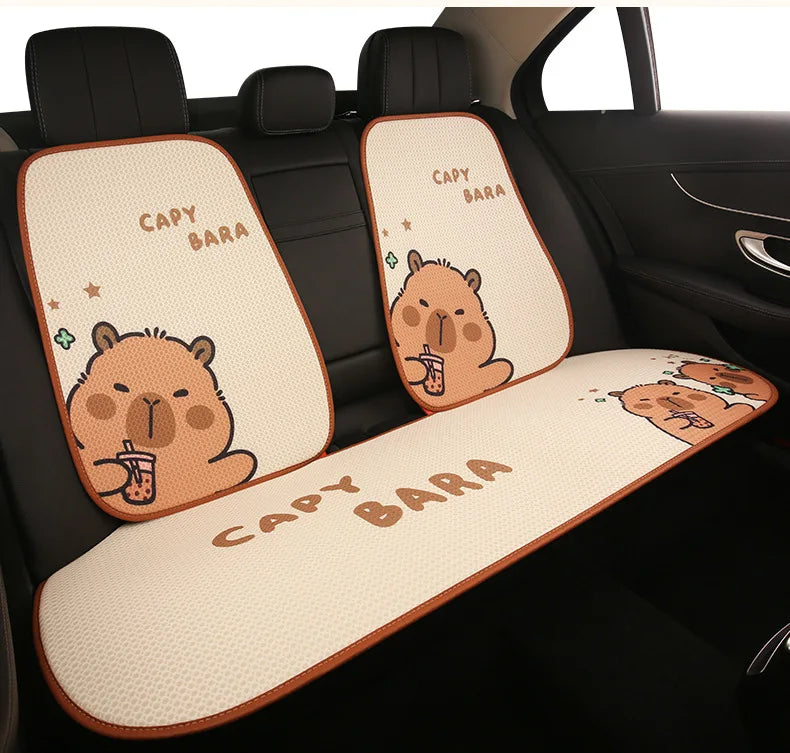 Universal Car Seat Covers Cute Capybara Design Comfortable Breathable Mesh Fabric Four Leaf Clover Pattern for All Seasons