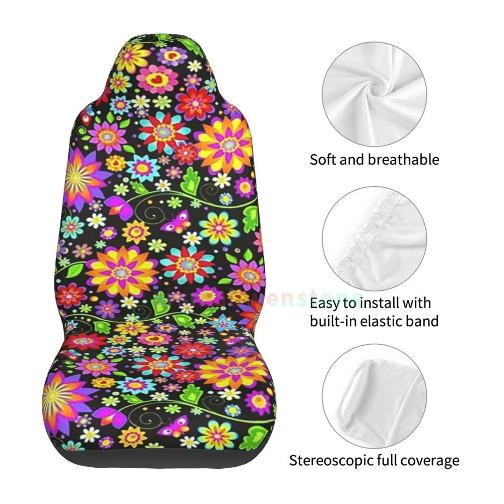 Hippie Flowers Car Seat Cover 2PCS Front Car Seat Cover Seat Anti Fouling Protective Cover Cute Car Accessories