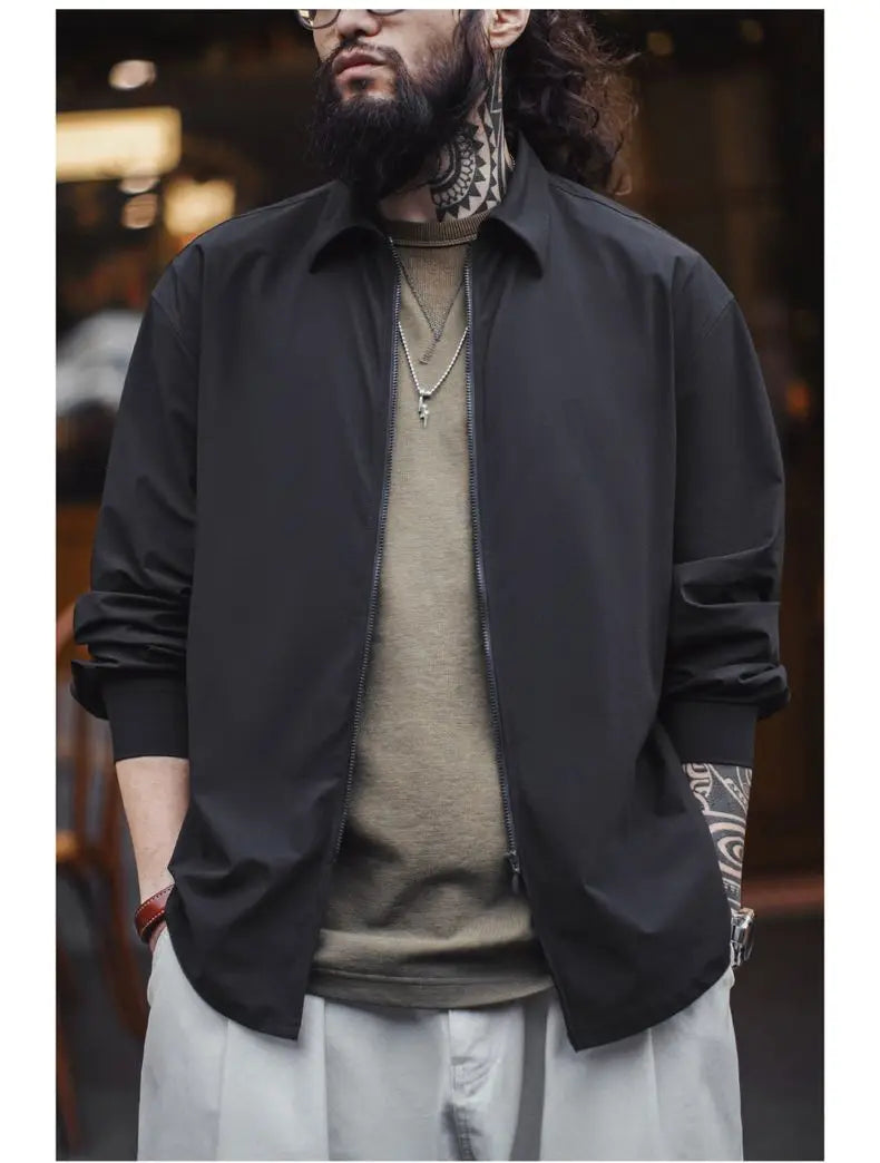 Maden Casual Draped Shirt Men's Spring and Summer Breathable Cleanfit Cool Comfort Long Sleeve Zip-Up Blouse Lightweight Top