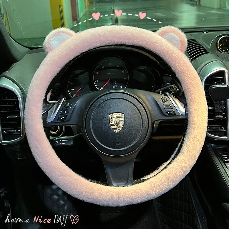 Plush Car Steering Wheel Cover Cartoon Cute Bear Ears Steering Wheel Cover Winter Warm and Comfortable Steering Wheel Cover