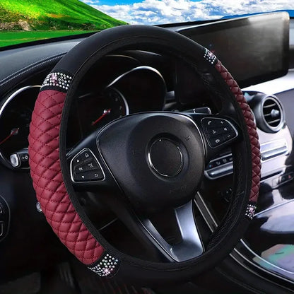Car Pu Leather Steering Wheel Cover, 14.57-14.96inch Artificial Diamond, New Steering Wheel Cover