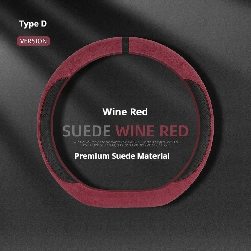 Steering Wheel Cover Suede D Shape Wine Red Four Seasons Breathable Non Slip Sweat Absorbent Comfortable Car Steering Protector