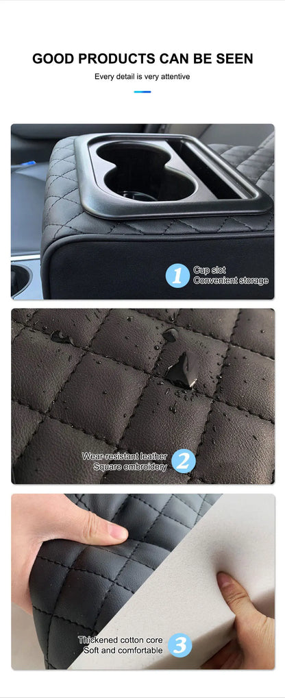 SEAMETAL Universal Car Center Console Armrest Pad PU Leather Armrest Heightening Cushion with 2 Cup Holders Storage Organizer
