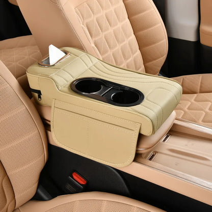 Car Center Console Armrest Cushion with Dual Cup Holders Tissue Box Side Pocket PU Leather Arm Rest Cover for Universal Cars