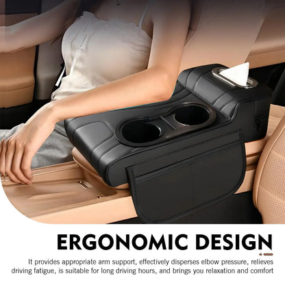 Car Center Console Armrest Cushion with Dual Cup Holders Tissue Box Side Pocket PU Leather Arm Rest Cover for Universal Cars