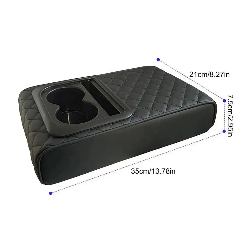 Car Armrest Box Cushion, Auto Center Console Armrest Cushion With 2 Cup Holder PU Leather Armrest Pad Portable Car Amrest