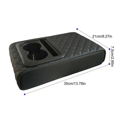 Car Armrest Box Cushion, Auto Center Console Armrest Cushion With 2 Cup Holder PU Leather Armrest Pad Portable Car Amrest
